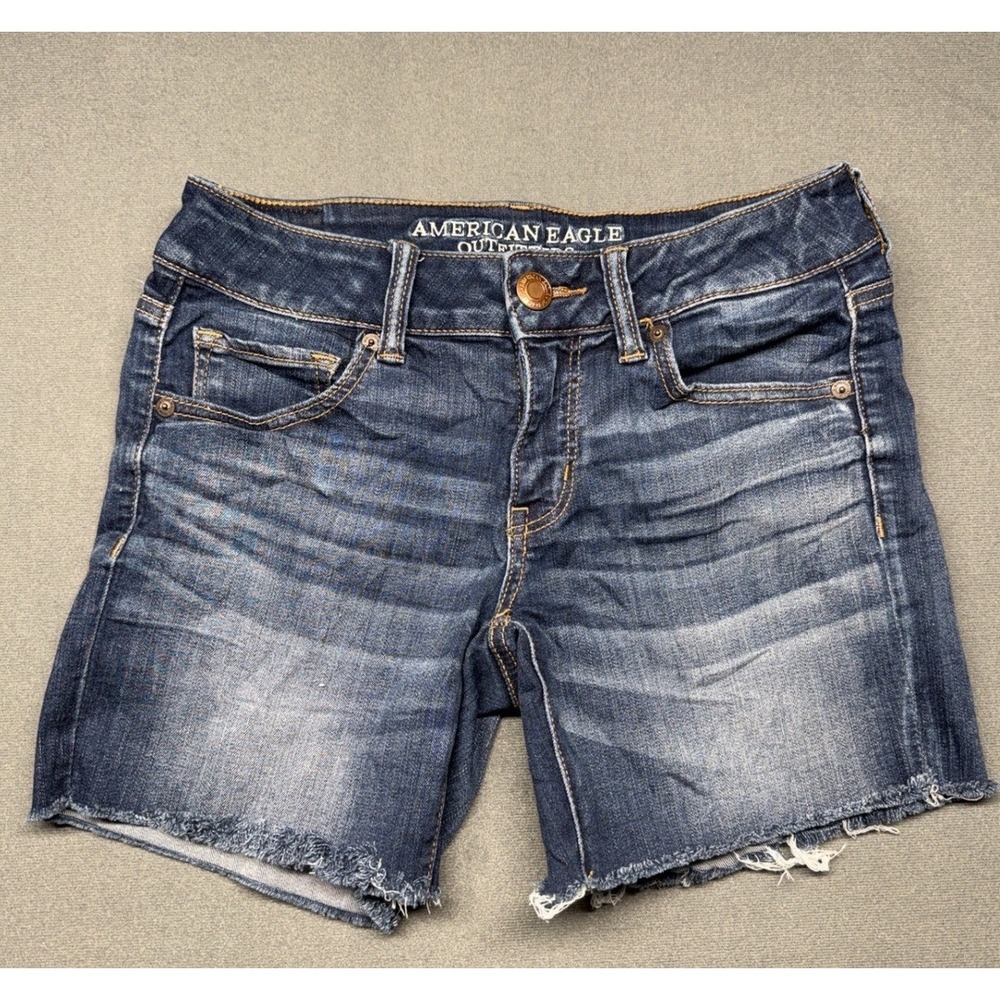 American Eagle Shorts Womens 4 Blue‎ MIDI Denim Cut Off Frayed Hem Dark Wash